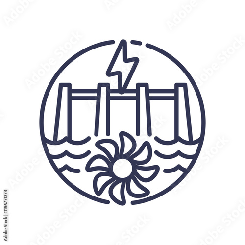 Illustration of a dam, turbine, and lightning bolt symbolizing waterpower generation.
