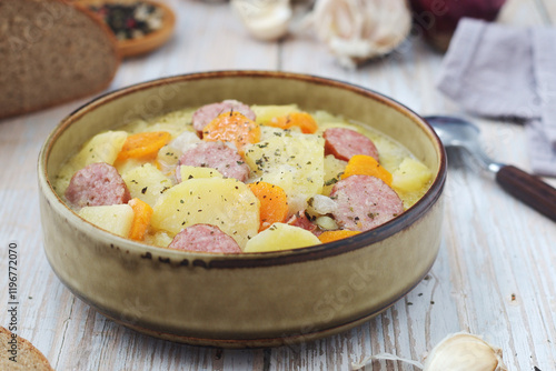 A bowl with traditional German potato soup with sausages photo