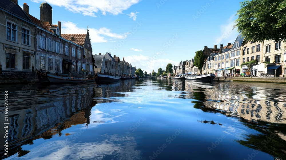 Naklejka premium Serene canal view reflecting buildings and sky in a tranquil setting.