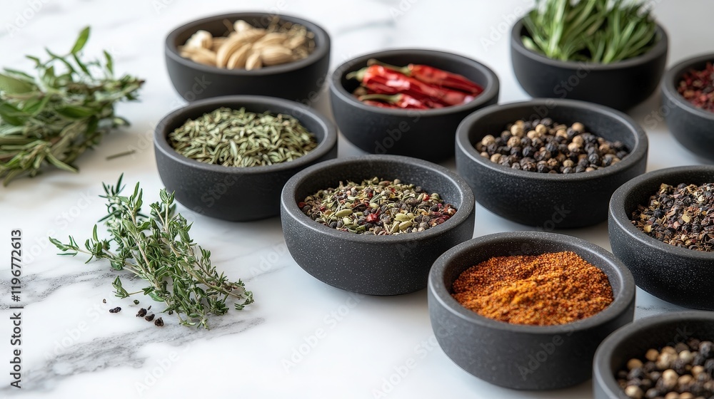A collection of spices and herbs displayed in small bowls A collection of spices and herbs displayed in small bowls