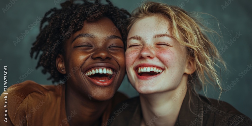 Two women smiling at the camera. One is black and the other is white. They are both happy and enjoying the moment Two women smiling at the camera. One is black and the other is white. They are both happy and enjoying the moment
