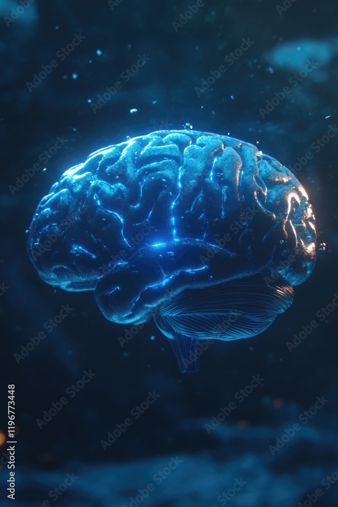 High-definition 3D rendering of a human brain in an underwater scene, featuring realistic graphics and vibrant blue and white color scheme. High-definition 3D rendering of a human brain in an underwater scene, featuring realistic graphics and vibrant blue and white color scheme.
