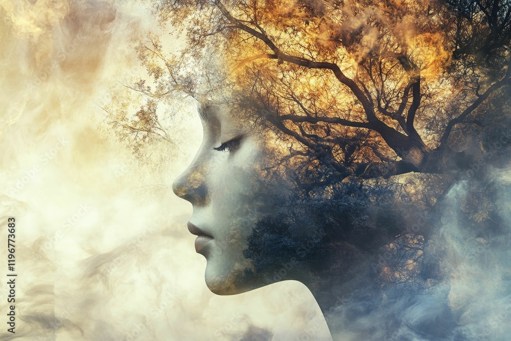 Serene face merges with tree, sky, mist. Serene face merges with tree, sky, mist.