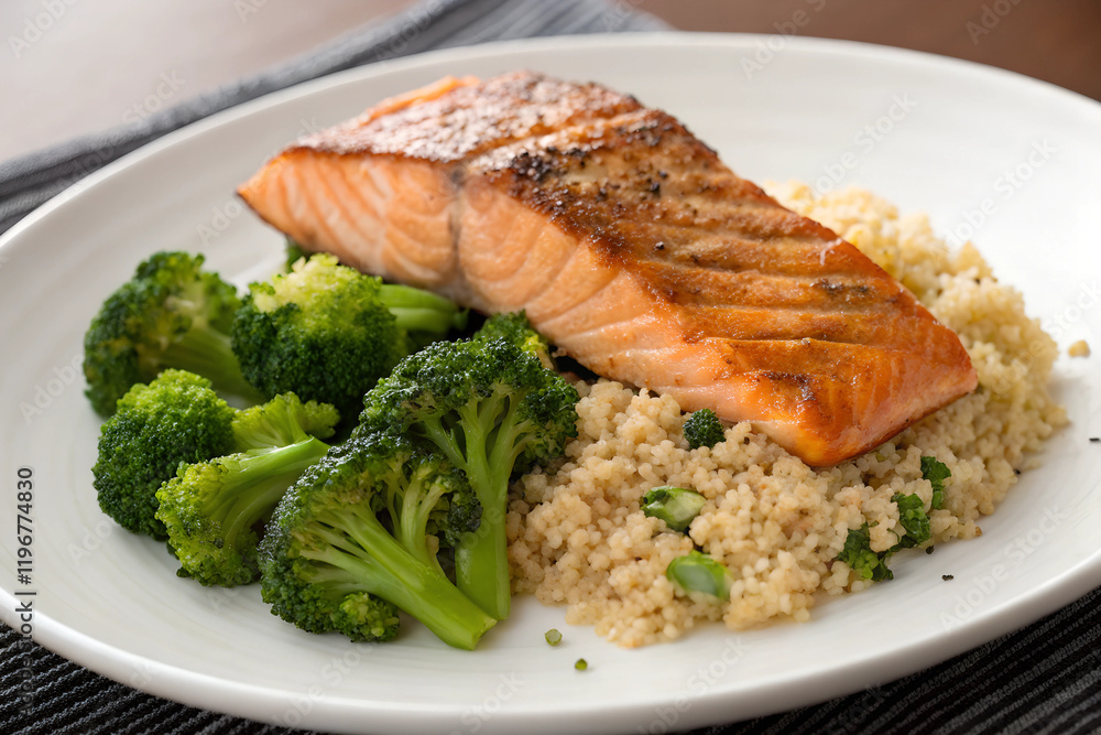 A healthy and appealing meal consisting of grilled salmon, fluffy grains, and vibrant broccoli, beautifully presented on a white plate. A healthy and appealing meal consisting of grilled salmon, fluffy grains, and vibrant broccoli, beautifully presented on a white plate.