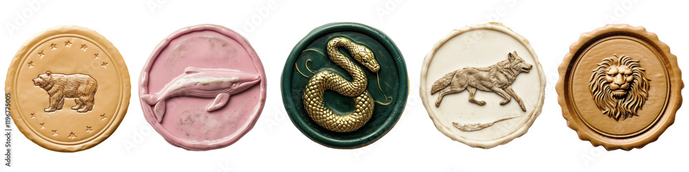 Obraz premium PNG Animal-themed wax seal designs, element set on transparent background