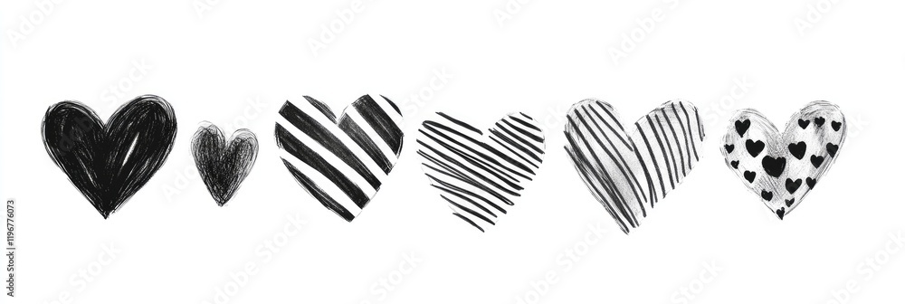 A row of hearts with different patterns and colors A row of hearts with different patterns and colors