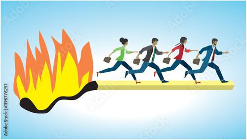 Group of people running on burning matchstick. Deadline, stress and urgency. Dimension 16:9. Vector illustration.