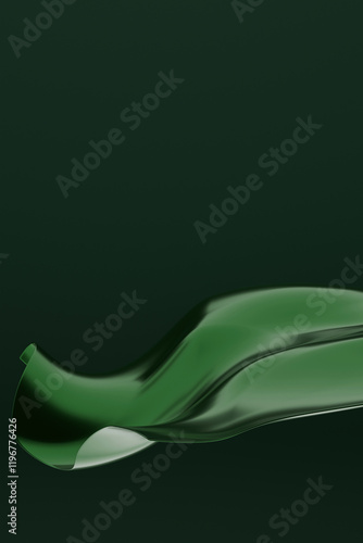 Abstract green fluid shape in 3D rendering with smooth curves and soft shadows