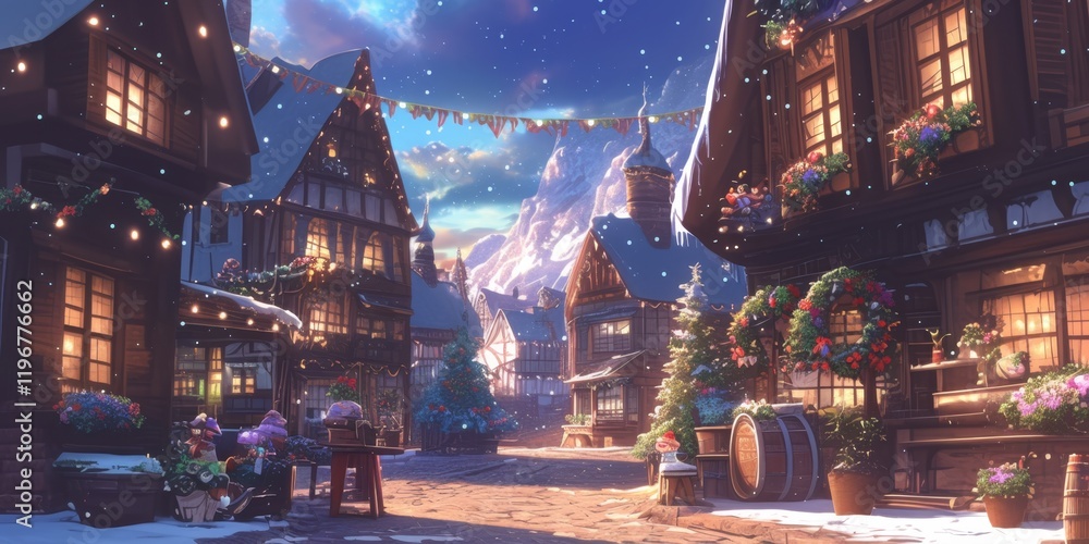 Obraz premium Snowy Christmas Village Scene with Warm Lights