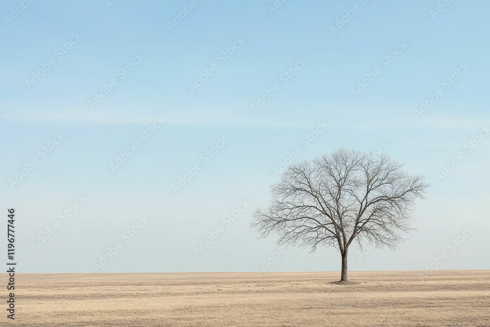 Leafless tree stands alone in barren field, pale sky. Leafless tree stands alone in barren field, pale sky.
