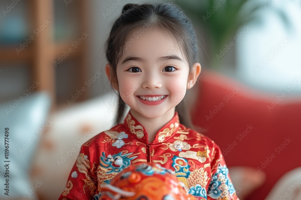 Smiling Little Girl in Traditional Chinese Dress: A charming young girl beams with pure joy, dressed in a vibrant red traditional Chinese dress, symbolizing celebration, festivity. Smiling Little Girl in Traditional Chinese Dress: A charming young girl beams with pure joy, dressed in a vibrant red traditional Chinese dress, symbolizing celebration, festivity.