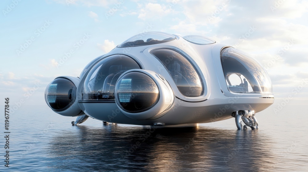 Fototapeta premium Futuristic Aerial Vehicle Hovering Above Calm Ocean Waters