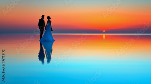 Silhouettes of Love at Sunset: A newly married couple, hand-in-hand, stand at the edge of the water, their silhouettes reflected in the shimmering surface.  The sky is ablaze with a vibrant sunset. photo