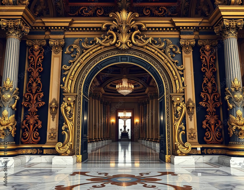 Obraz premium Gold and black baroque style portal of a palace, columns interior palace design, generative ai