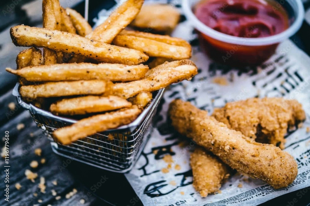 French fries with seasoning. Thick cut french fries with a side of ketchup placed on printed sheet. French fries with seasoning. Thick cut french fries with a side of ketchup placed on printed sheet.