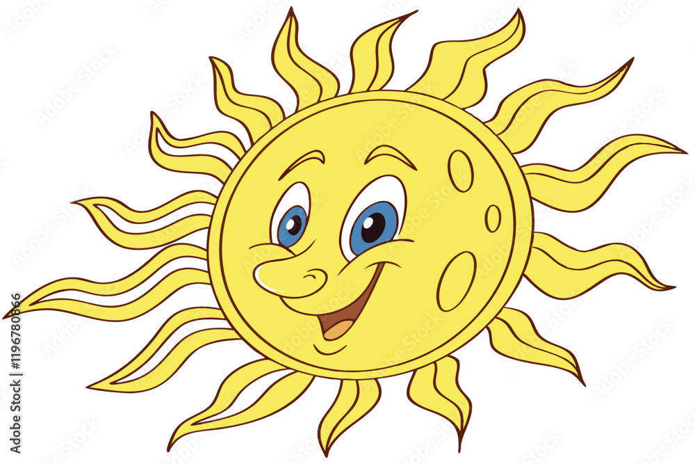 Cheerful cartoon sun, smiling face, vibrant yellow, golden rays, anthropomorphic celestial body, friendly expression, blue eyes, 3D render, glossy texture, child-like illustration, playful design, sum Cheerful cartoon sun, smiling face, vibrant yellow, golden rays, anthropomorphic celestial body, friendly expression, blue eyes, 3D render, glossy texture, child-like illustration, playful design, sum