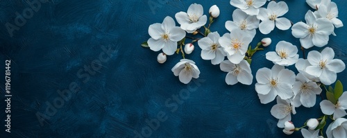 Beautiful white flowers arranged artistically on a dark blue background for decoration