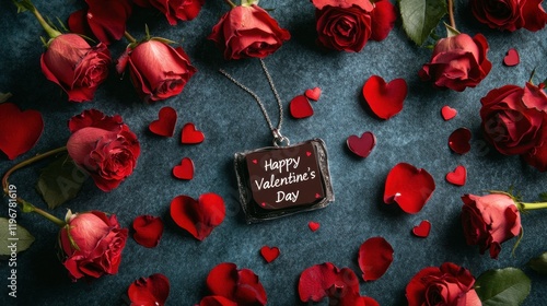 A romantic flat lay of red roses scattered around a delicate silver necklace and a Happy Valentine's Day message.