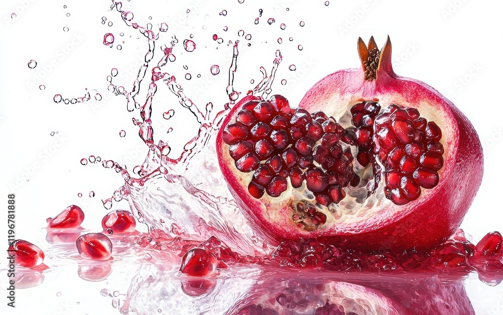 A vibrant splash of ruby-red pomegranate juice, with fine mist and droplets captured in motion on a bright white background A vibrant splash of ruby-red pomegranate juice, with fine mist and droplets captured in motion on a bright white background