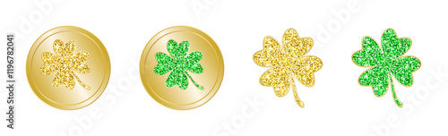 Gold coins decorated with four leaf clover and clover leaves with golden and green glitter texture, isolated on a white background. Symbol of luck, success and wealth. Vector set for St. Patrick's Day