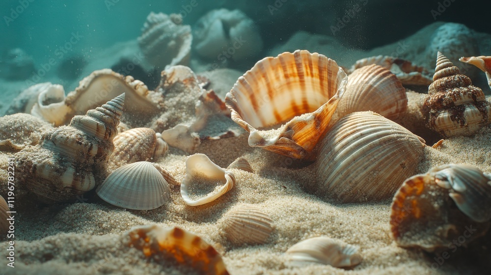 various seashells in the sand in the studio. various seashells in the sand in the studio.