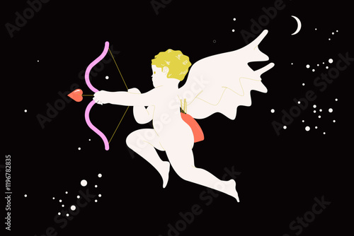 Angel baby cupid illustration. Isolated vintage cute cherub drawing, retro little angel with bow and arrow  for poster, placard or wedding invitation design.