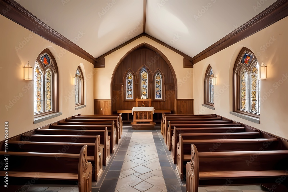 Fototapeta premium Captivating View of a Historic Church’s Interior, Showcasing Decorative Wooden Pews and Exquisite Stained-Glass Accents