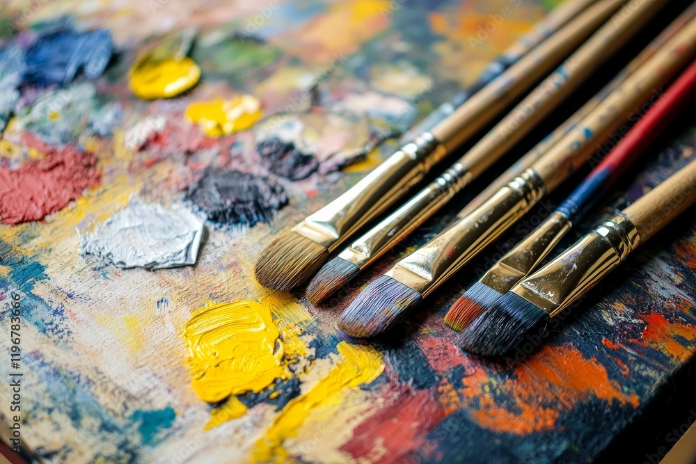 Obraz premium Paintbrushes rest on a colorful palette.