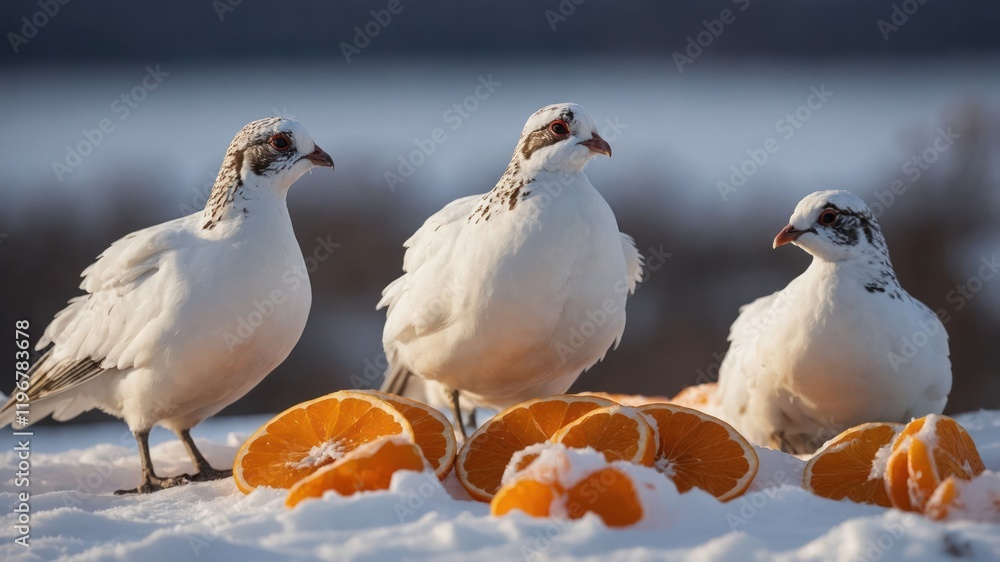Three white birds gathered around oranges on a snowy surface. Three white birds gathered around oranges on a snowy surface.