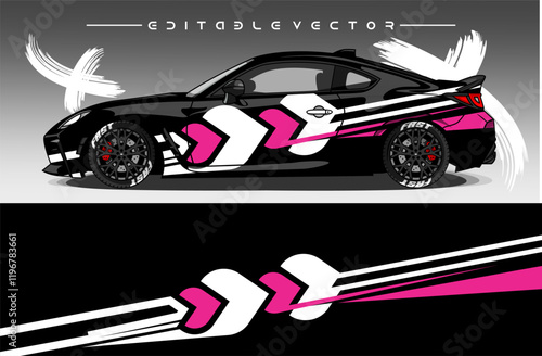 Illustration vector grahic of Car wrap decal with abstract design. Black white pink colour. Livery car editable. Mockup template sticker vinyl for racing, rally, or daily use.