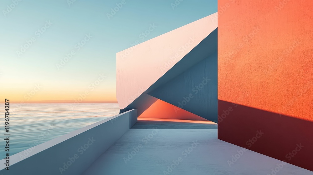 Obraz premium Geometric seaside structure; sunset hues.