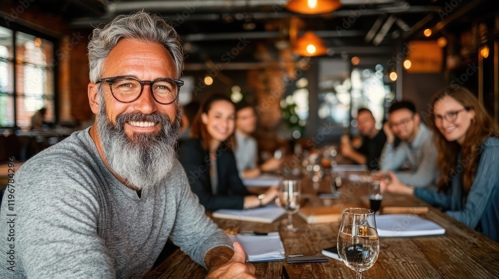 Smiling businessman leads team meeting in cafe Smiling businessman leads team meeting in cafe