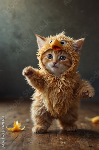 little cartoon kitten in a chicken costume dancing