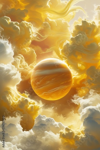 The planet Venus,close-up, is in the center, surrounded by yellowish clouds that swirl around it.The clouds are a bright, sunny yellow with barely noticeable orange halftones,turning into creamy white