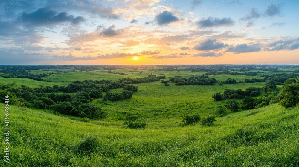 Sunset over rolling green hills and plains. Peaceful landscape panorama for travel brochures Sunset over rolling green hills and plains. Peaceful landscape panorama for travel brochures