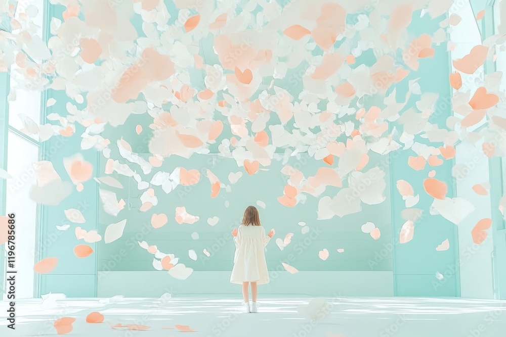 Woman stands in front of wall covered in pink and white paper hearts. scene is filled with sense of joy celebration, as the woman is in awe of beautiful display, llustration, love, valentine's day Woman stands in front of wall covered in pink and white paper hearts. scene is filled with sense of joy celebration, as the woman is in awe of beautiful display, llustration, love, valentine's day