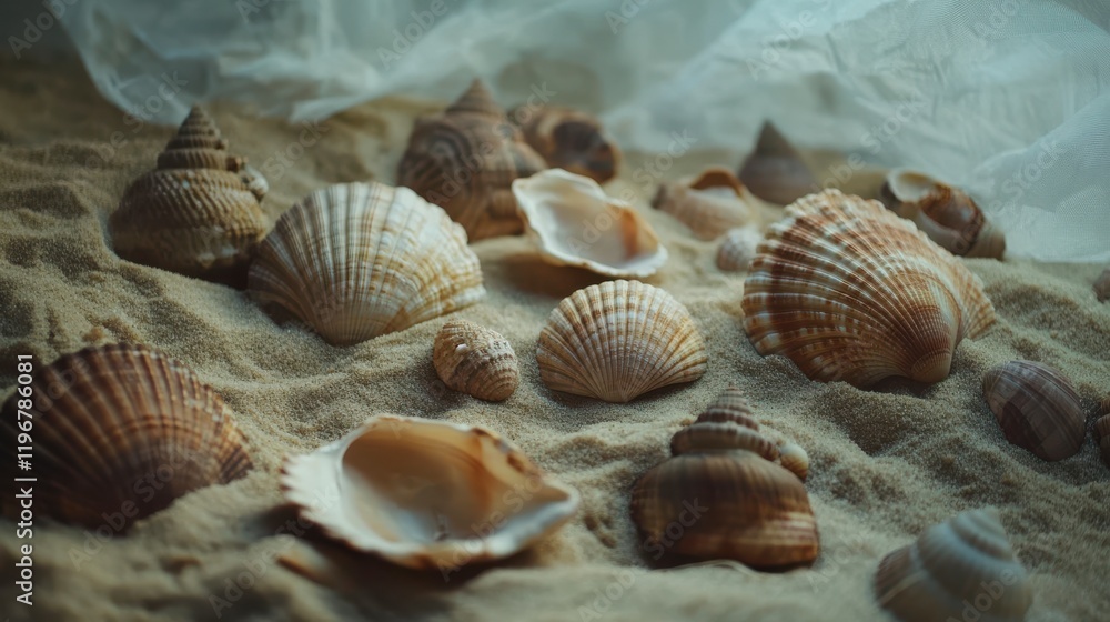 various seashells in the sand in the studio. various seashells in the sand in the studio.
