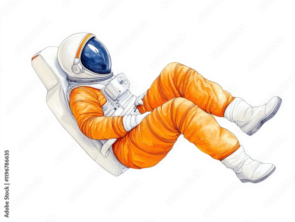 Astronaut relaxing in an orange spacesuit on a white background symbolizing comfort modern space travel and innovation in space exploration Astronaut relaxing in an orange spacesuit on a white background symbolizing comfort modern space travel and innovation in space exploration
