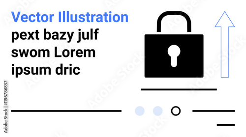 Lock symbol, text blocks with dummy text, arrow indicating success, two progress dots, horizontal lines emphasizing security and accessibility. Ideal for cybersecurity, data protection, success