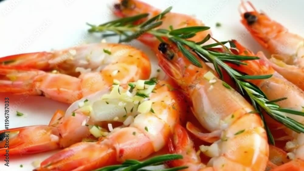 Garlic and Rosemary Shower Over Shrimp in Slow Motion Garlic and Rosemary Shower Over Shrimp in Slow Motion
