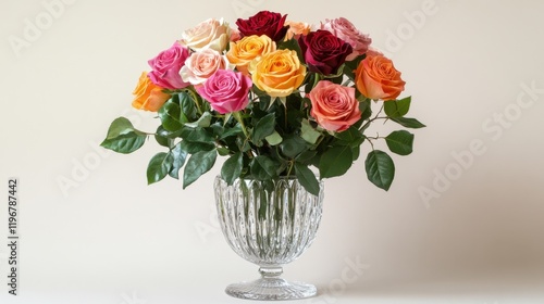 Wallpaper Mural A vibrant bouquet of mixed-colored roses, arranged with green leaves and placed in an elegant crystal vase. Torontodigital.ca