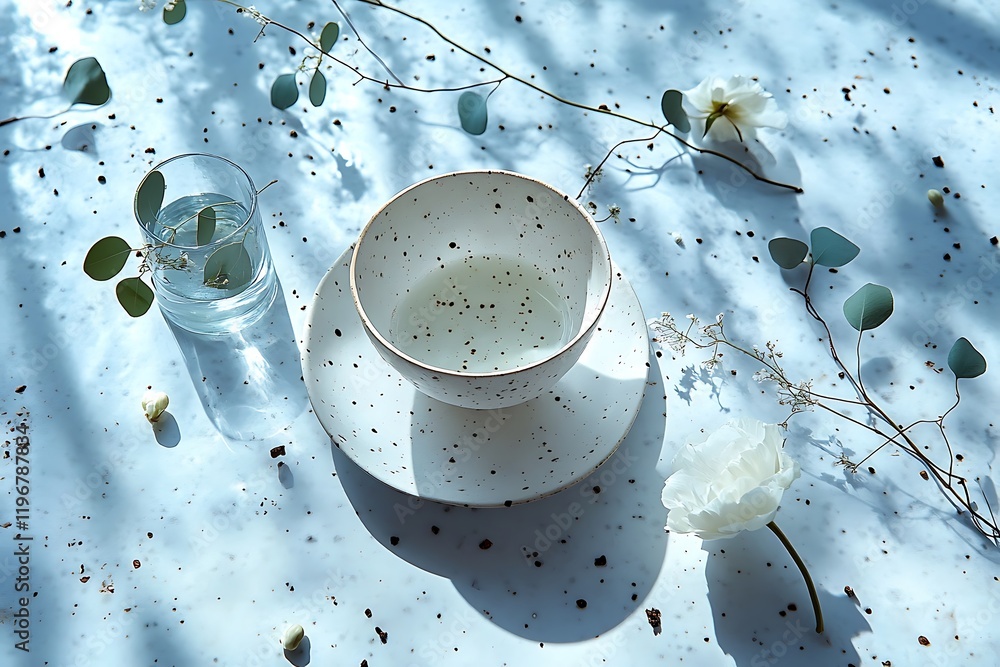 Minimalistic still life with ceramic tableware, eucalyptus and white flowers. Minimalistic still life with ceramic tableware, eucalyptus and white flowers.