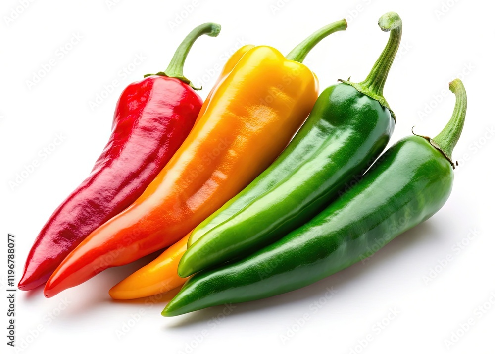 Vibrant Red, Green, Yellow Chili Peppers Isolated on White Background - Macro Photography Stock Photo Vibrant Red, Green, Yellow Chili Peppers Isolated on White Background - Macro Photography Stock Photo