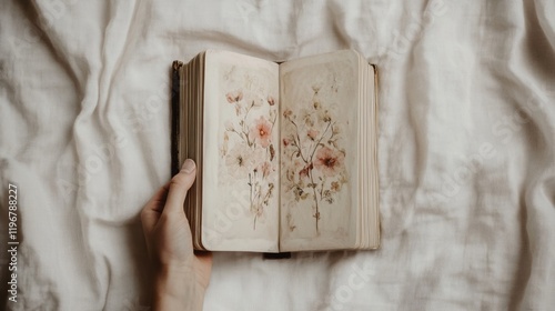 Open book with floral illustrations resting on a soft surface in a cozy setting photo