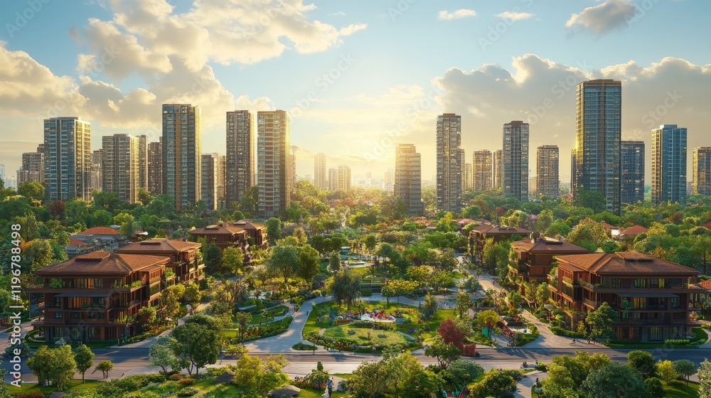 Obraz premium Urban landscape with modern skyscrapers and natural greenery under a bright sunset sky