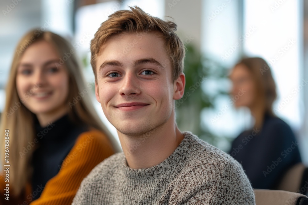 Young man smiling in a cozy, modern workspace surrounded by friends during a collaborative project Young man smiling in a cozy, modern workspace surrounded by friends during a collaborative project