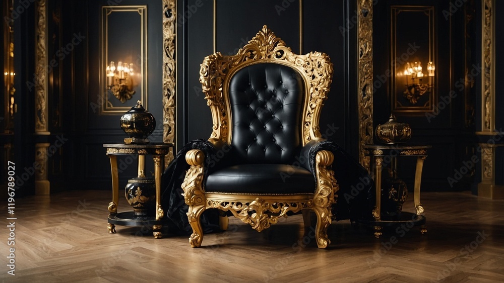 A luxurious throne chair in black and gold, isolated on a transparent background. Palace Interior Design, Royal Furnishings, and the Idea of Power and Authority. PNG picture. A luxurious throne chair in black and gold, isolated on a transparent background. Palace Interior Design, Royal Furnishings, and the Idea of Power and Authority. PNG picture.