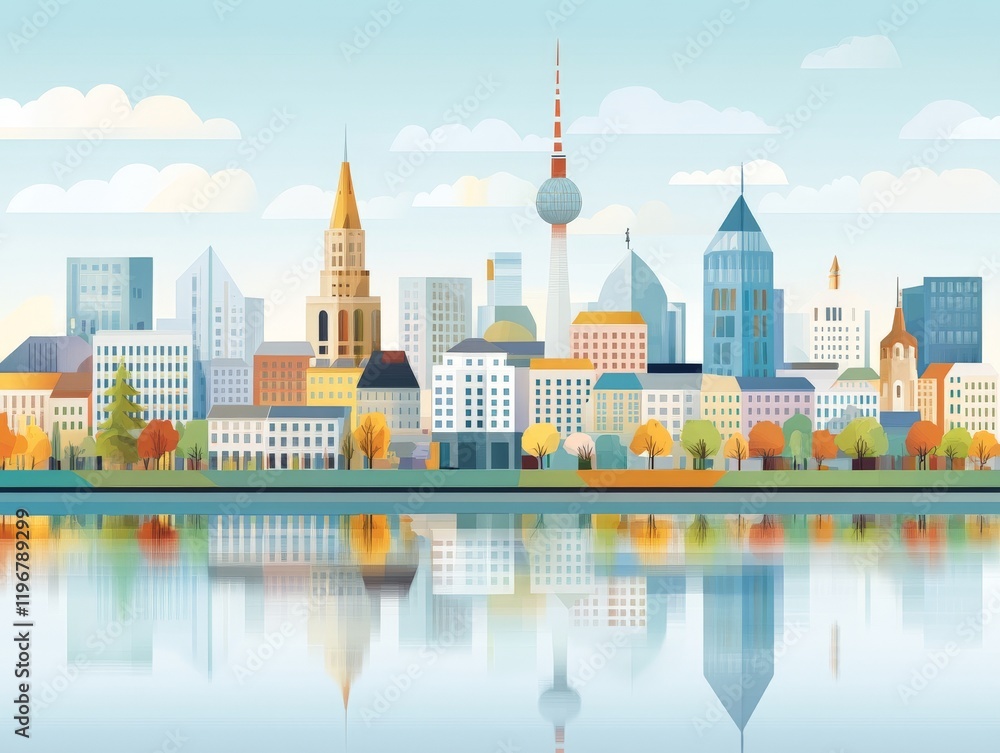 Fototapeta premium Stunning skyline of a European city with iconic landmarks and a river reflection highlighting urban architecture cultural heritage and vibrant cityscapes