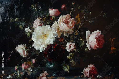 Exquisitely Painted Roses in Teal Vase