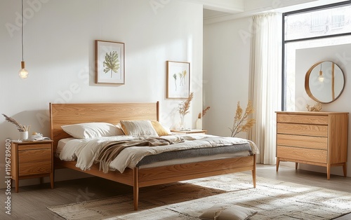 Modern Scandinavian bedroom with light wood furniture  white walls  and a cozy atmosphere